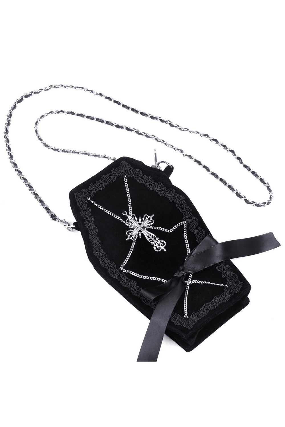 Gothic Coffin Crossbody Bag with Chain Strap and Ribbon Bow