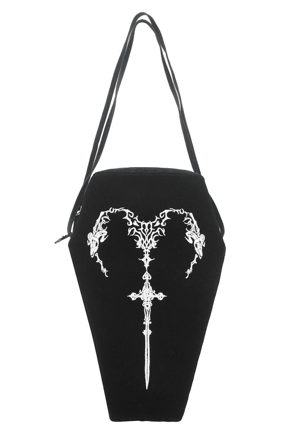 Gothic coffin shoulder bag with embroidered sword and heart design, perfect for dark aesthetic lovers.