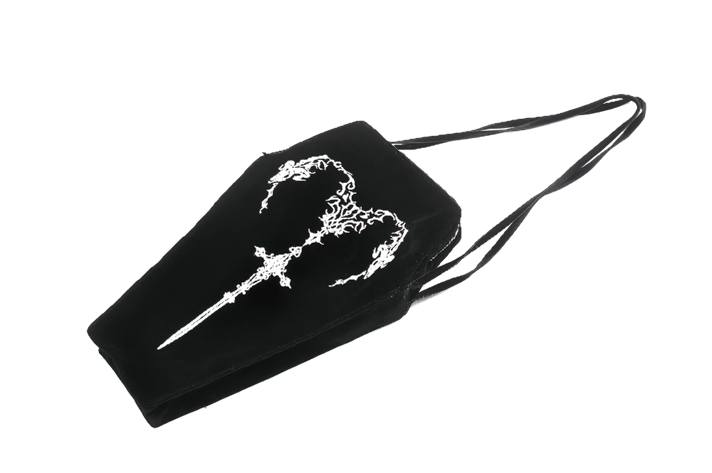 Gothic coffin shoulder bag with embroidered sword design, perfect for dark aesthetic lovers.