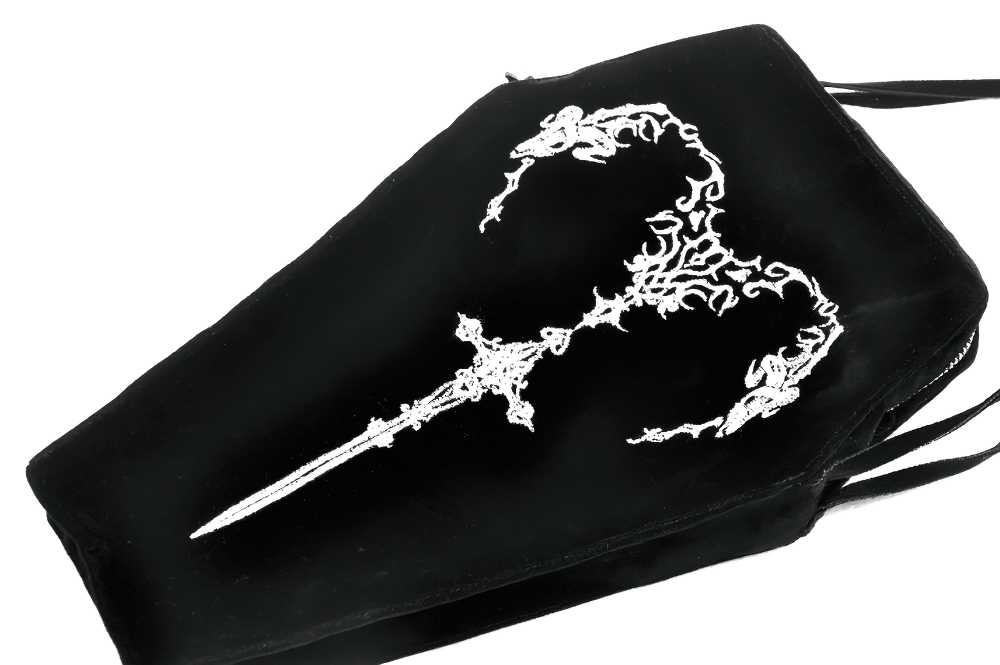 Gothic coffin shoulder bag with elegant white embroidered sword and filigree heart design.