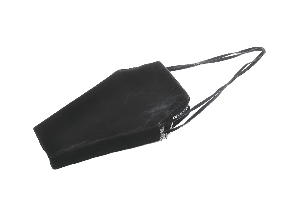 Gothic coffin shoulder bag in black with adjustable straps, perfect for dark aesthetic fashion lovers.