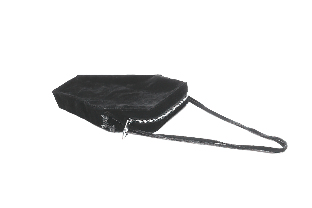 Gothic coffin shoulder bag in black with embroidered sword design, showcasing its stylish dark aesthetic and adjustable strap.