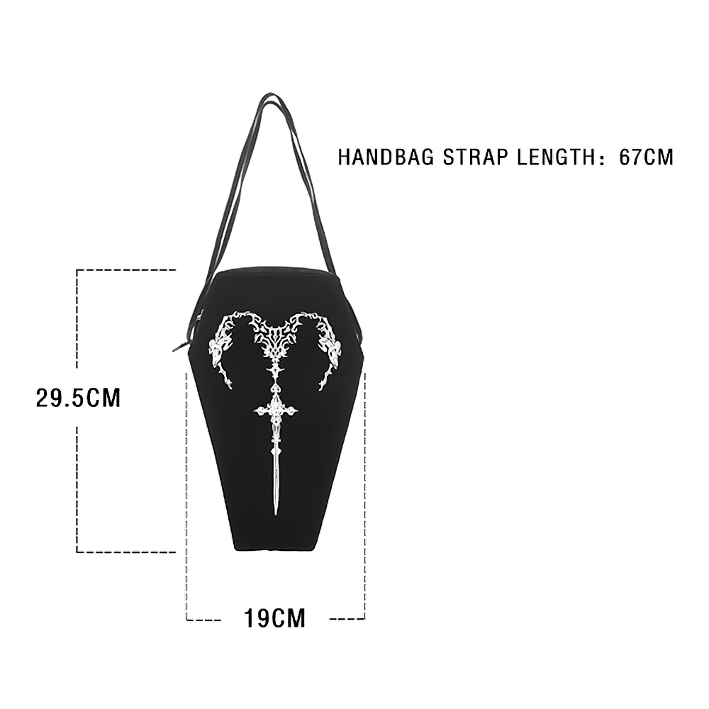 Gothic coffin shoulder bag with embroidered sword, dimensions 29.5cm x 19cm, adjustable strap length 67cm.