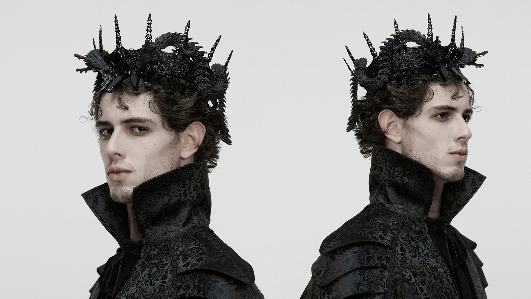 Gothic Coiling Dragon Crown with Crystal Columns showcased on a model in dark attire, highlighting its intricate design.