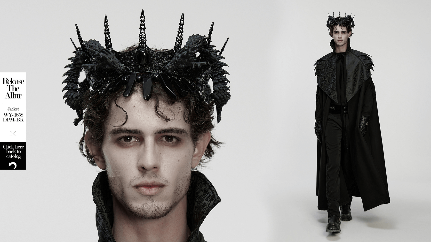 Gothic Coiling Dragon Crown with Crystal Columns worn by a model in dark attire, showcasing bold gothic elegance.