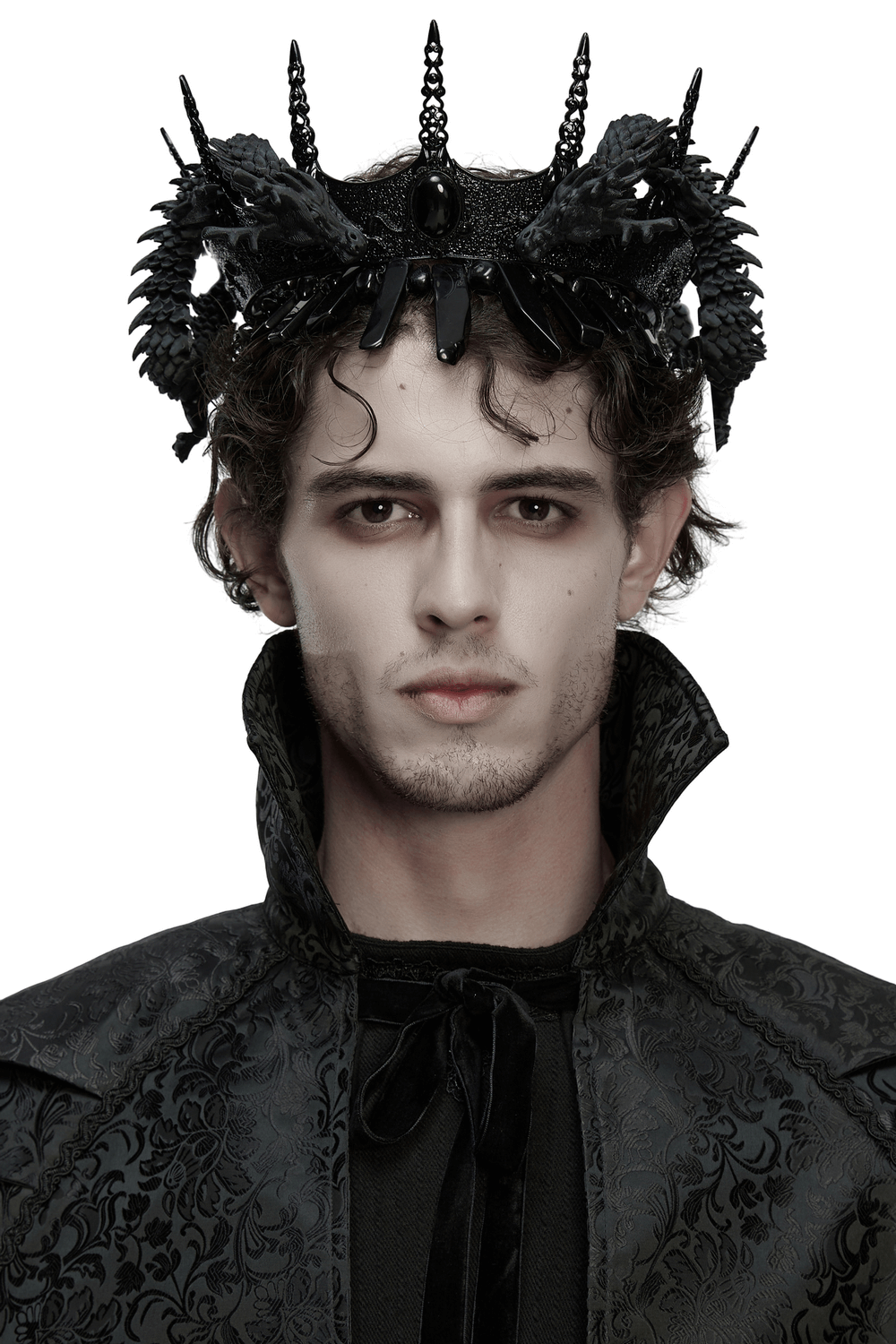 Gothic Coiling Dragon Crown with Crystal Columns worn by a model in dark attire, showcasing intricate design.