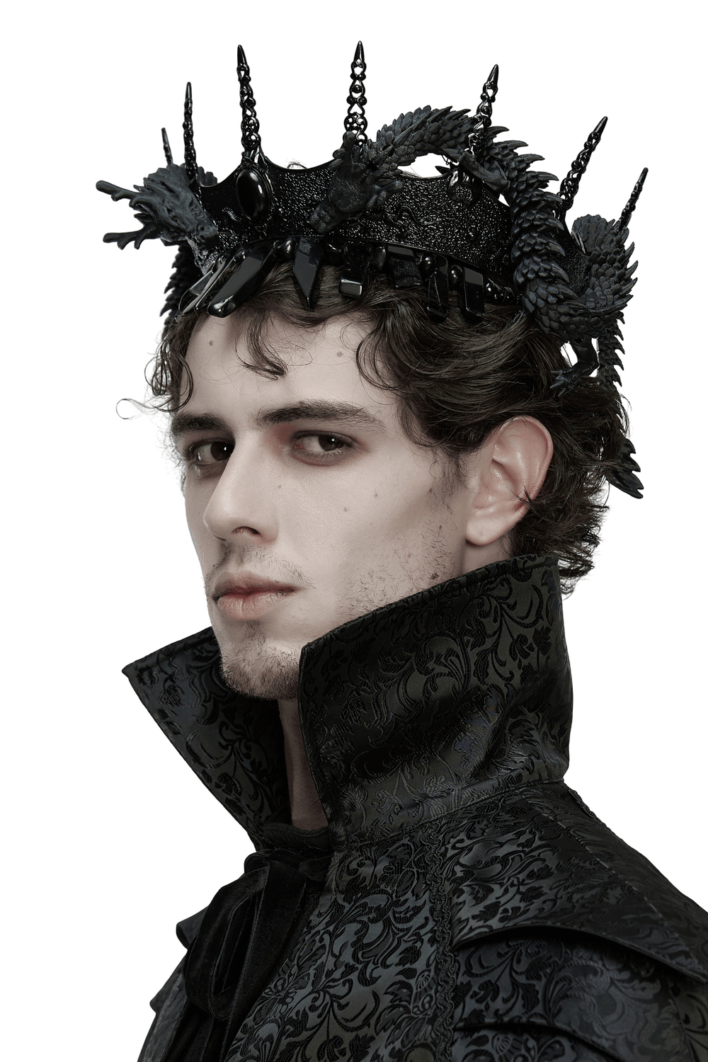Gothic Coiling Dragon Crown with Crystal Columns worn by a model in a dark gothic outfit, showcasing its intricate design.
