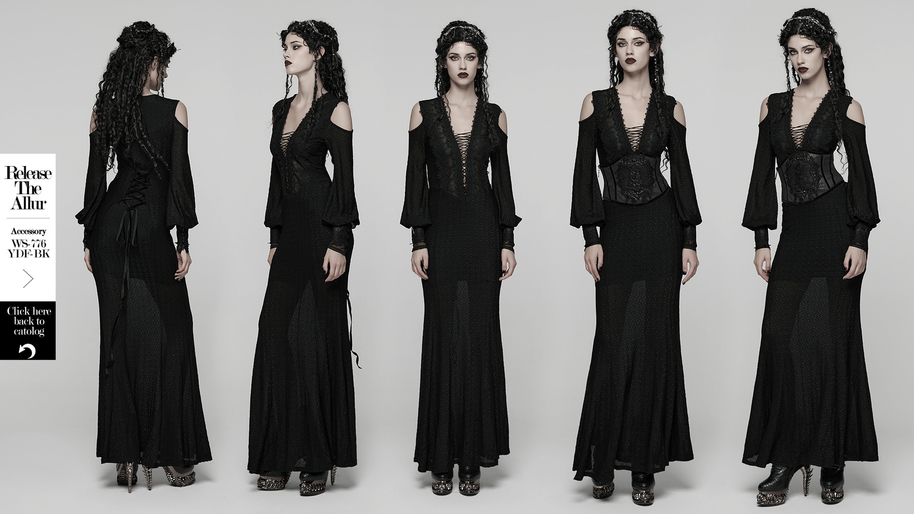 Gothic Cold Shoulder Lace Mesh Maxi Dress with Corset showcased from multiple angles, featuring a plunging neckline and dramatic sleeves.