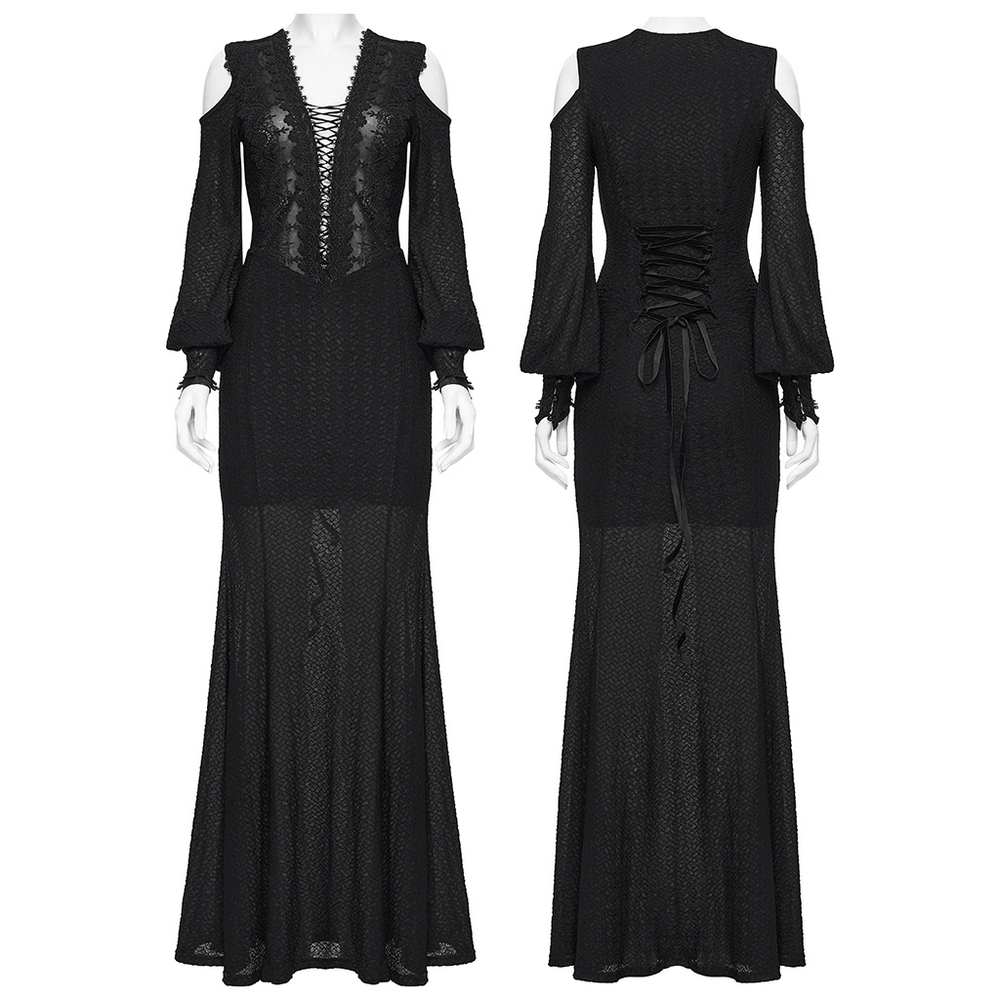 Gothic Cold Shoulder Lace Mesh Maxi Dress with Corset in black, showcasing sheer lace details and elegant sleeves.