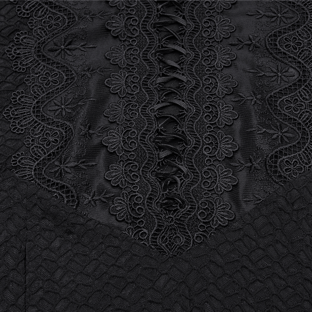 Gothic Cold Shoulder Lace Mesh Maxi Dress with Corset intricate lace and corset detailing close-up view.