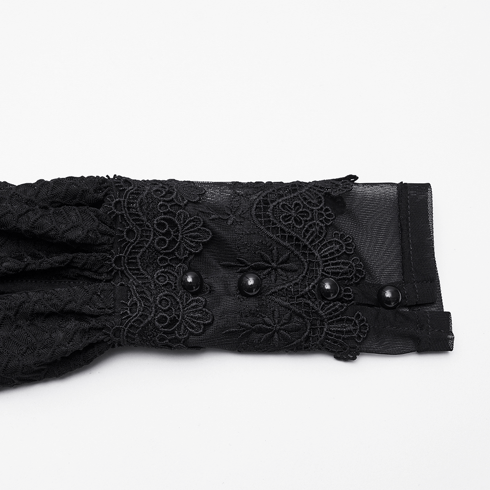 Gothic Cold Shoulder Lace Mesh Maxi Dress with Corset elegant black lace cuff detail with buttons and sheer fabric