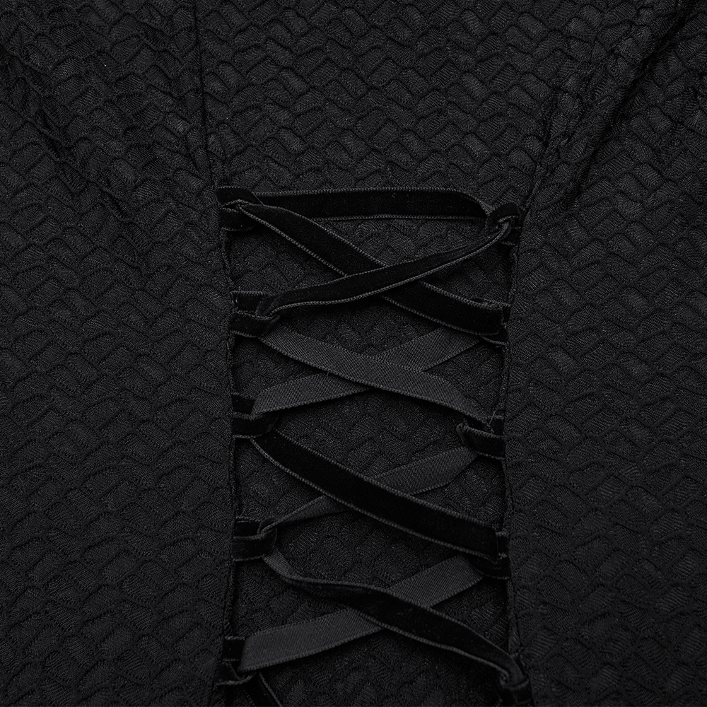 Gothic Cold Shoulder Lace Mesh Maxi Dress with Corset close-up of the lace-up detailing on the fitted bodice.