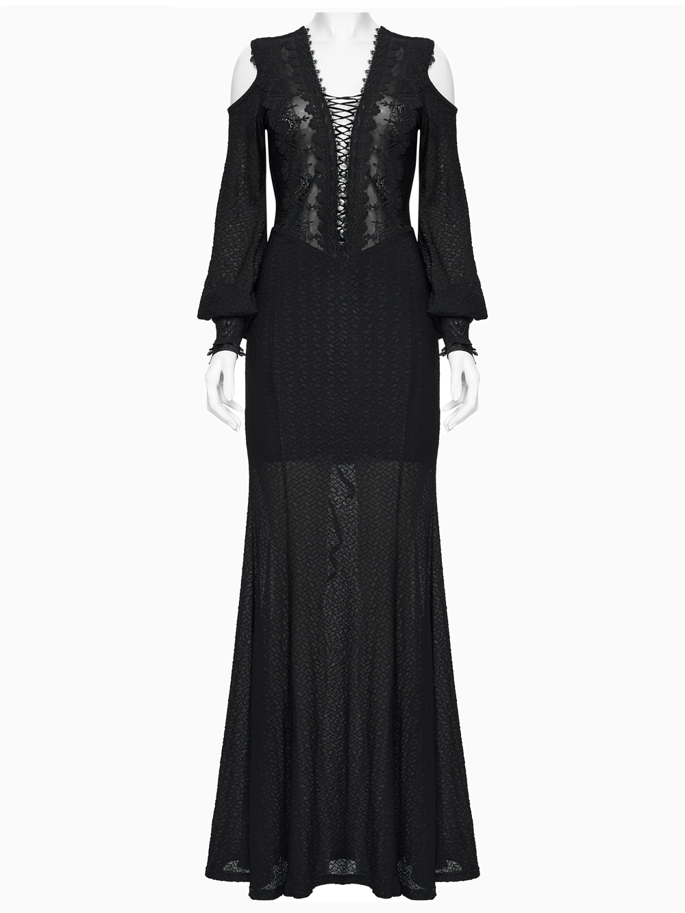 Gothic Cold Shoulder Lace Mesh Maxi Dress with Corset showcasing plunging V-neck and cold shoulder details.