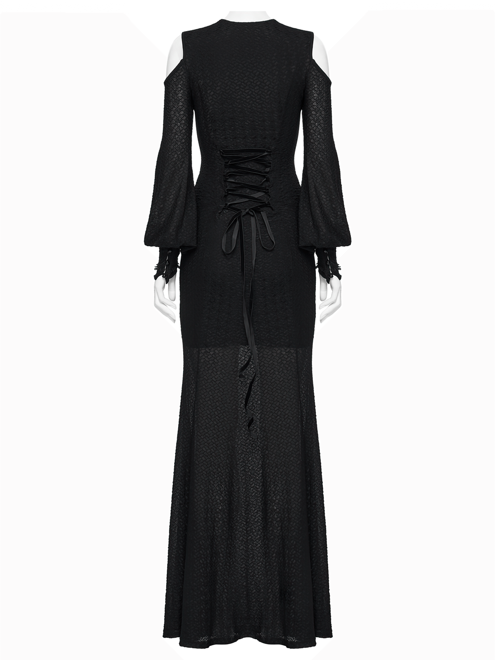 Gothic Cold Shoulder Lace Mesh Maxi Dress with Corset back view highlighting corset details and elegant sheer fabric.