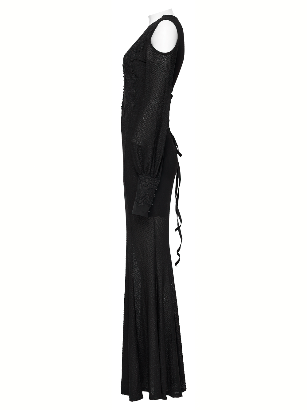 Gothic Cold Shoulder Lace Mesh Maxi Dress with Corset displayed from the side, showcasing elegant lace and dramatic sleeves.
