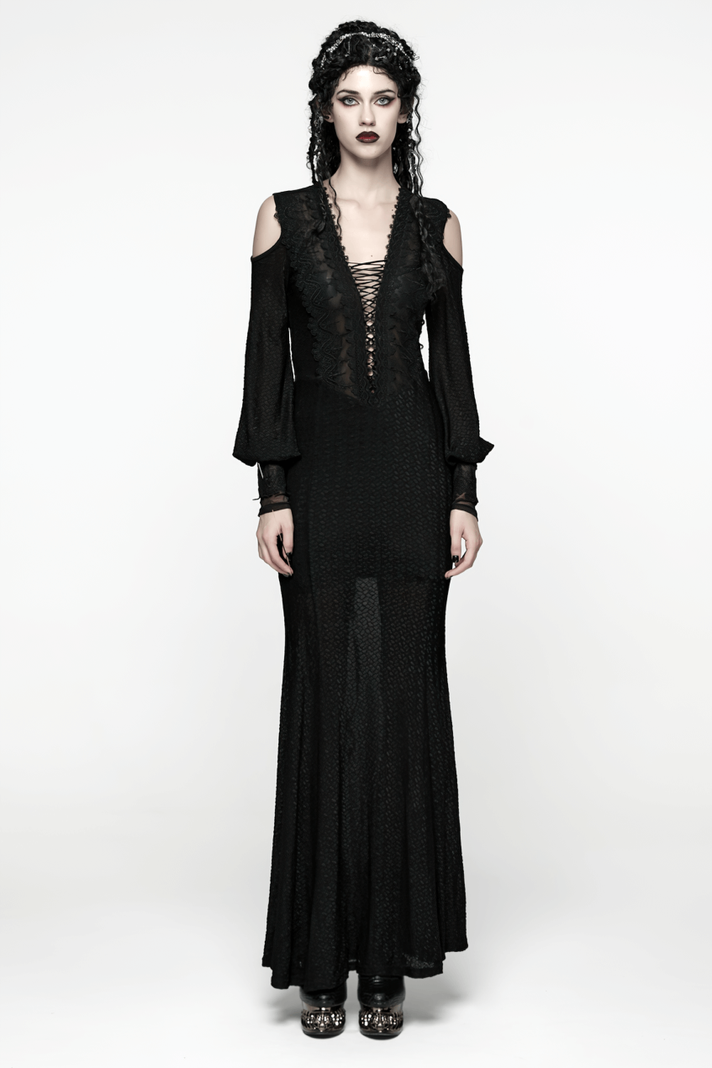 Gothic Cold Shoulder Lace Mesh Maxi Dress with Corset worn by a model showcasing its elegant gothic style.