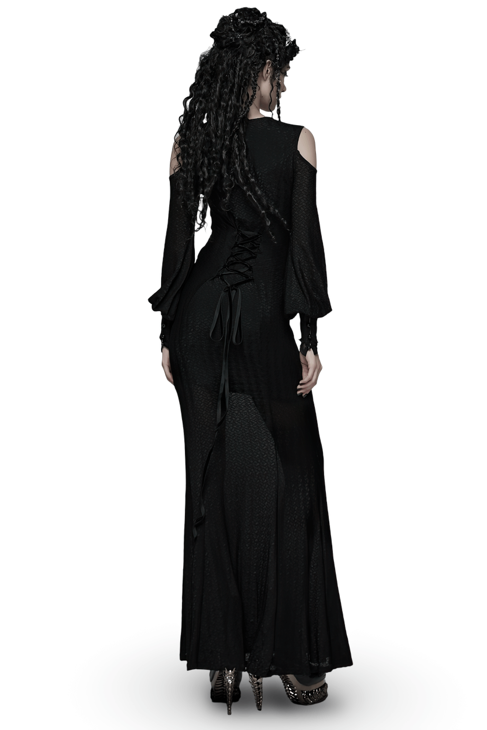Gothic Cold Shoulder Lace Mesh Maxi Dress with Corset seen from the back, showcasing lace-up detail and flowing silhouette.