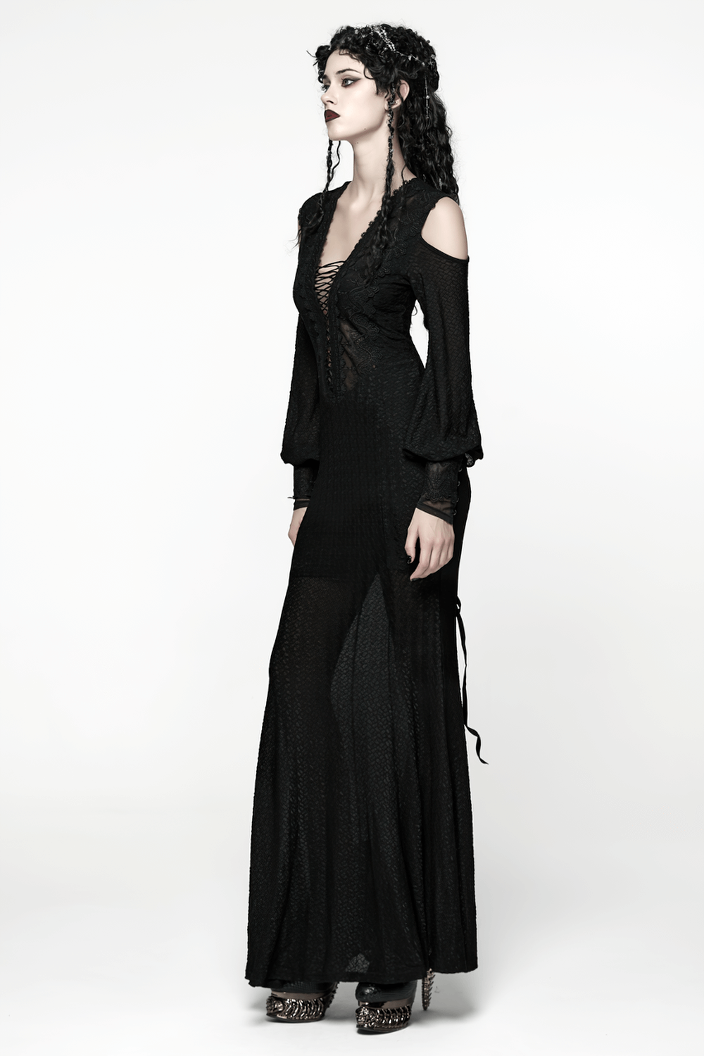 Gothic Cold Shoulder Lace Mesh Maxi Dress with Corset showcased on a model, highlighting its elegant design and dramatic flair.