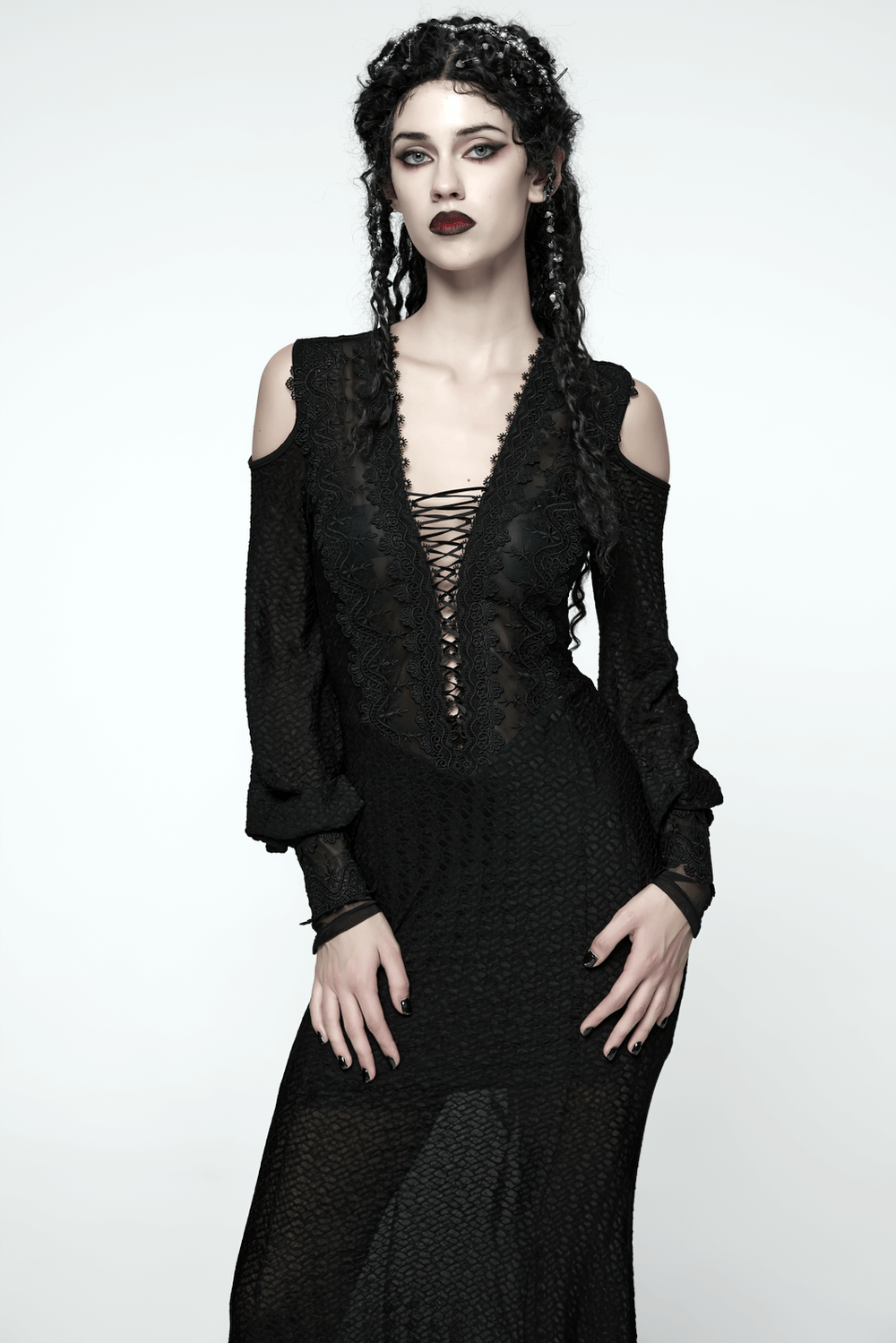 Gothic Cold Shoulder Lace Mesh Maxi Dress with Corset displayed on model with dark makeup and braided hair in studio setting.
