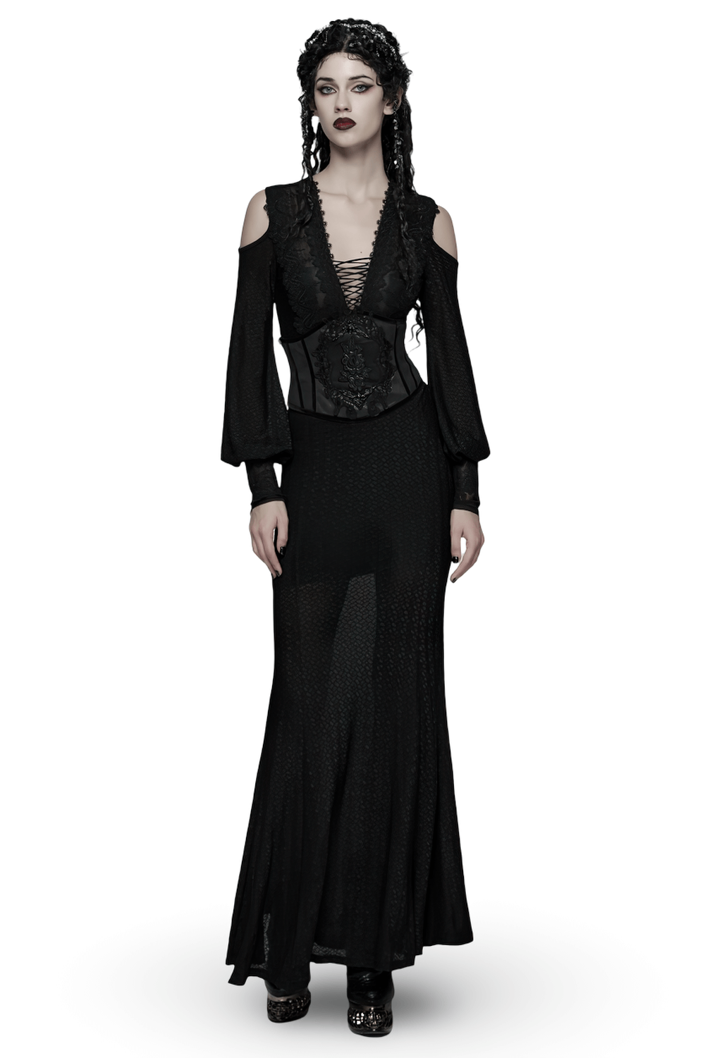 Gothic Cold Shoulder Lace Mesh Maxi Dress with Corset worn by a model, showcasing elegant gothic style and dramatic flair.