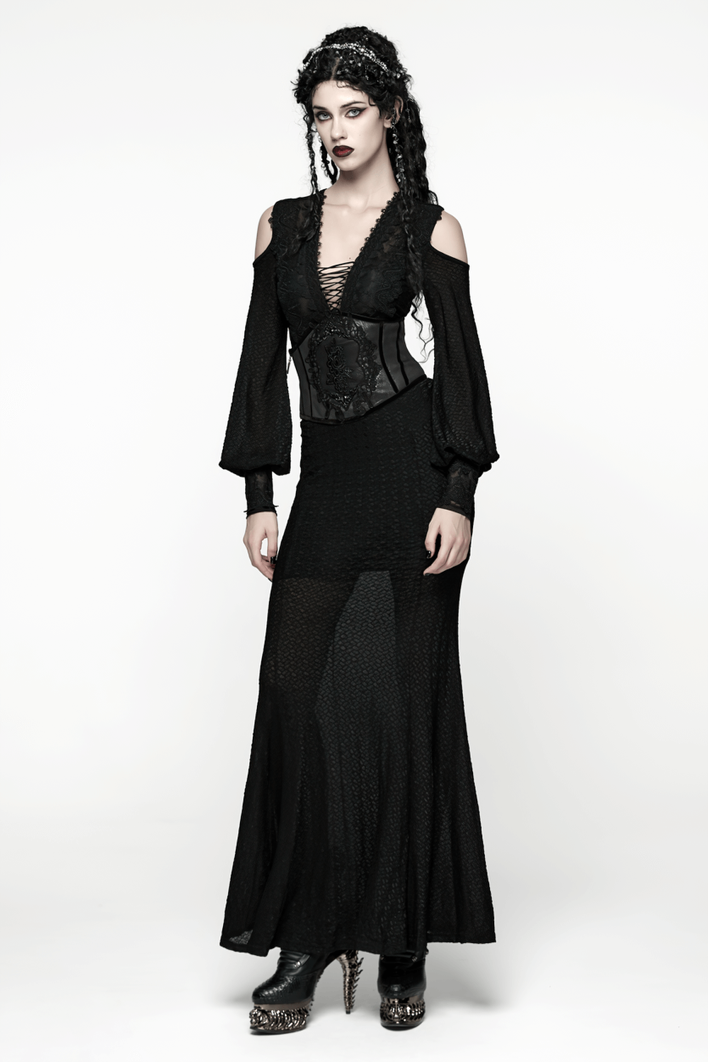 Gothic Cold Shoulder Lace Mesh Maxi Dress with Corset, featuring sheer lace, cold shoulder cutouts, and a corset bodice.
