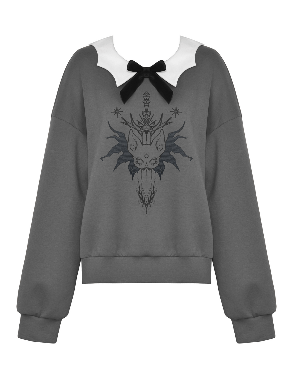 Gothic collar bow sweatshirt featuring unique cat design and contrasting white collar for dark aesthetic fashion.