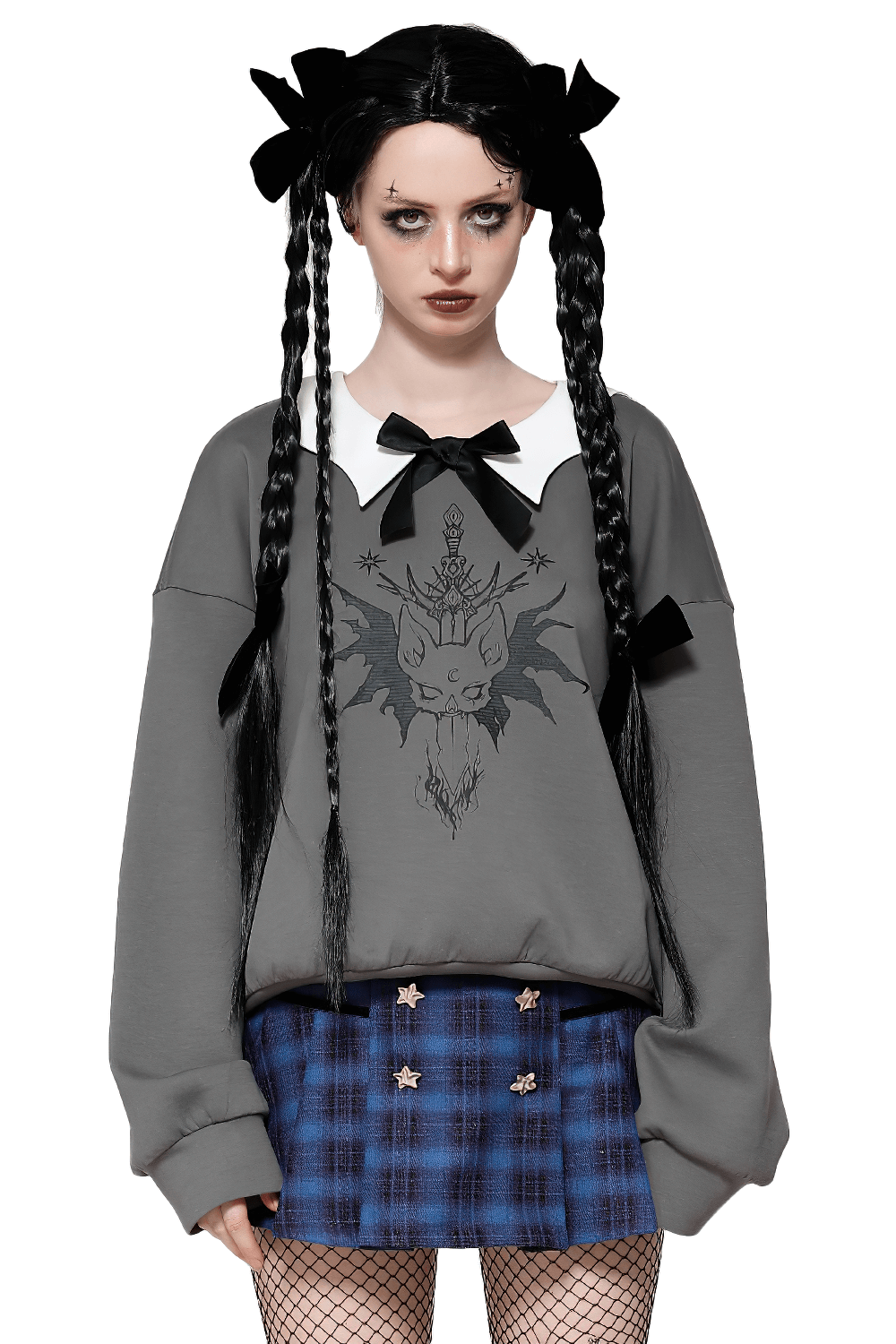 Gothic collar bow sweatshirt with unique cat design, featuring a stylish graphic and dark aesthetic look.