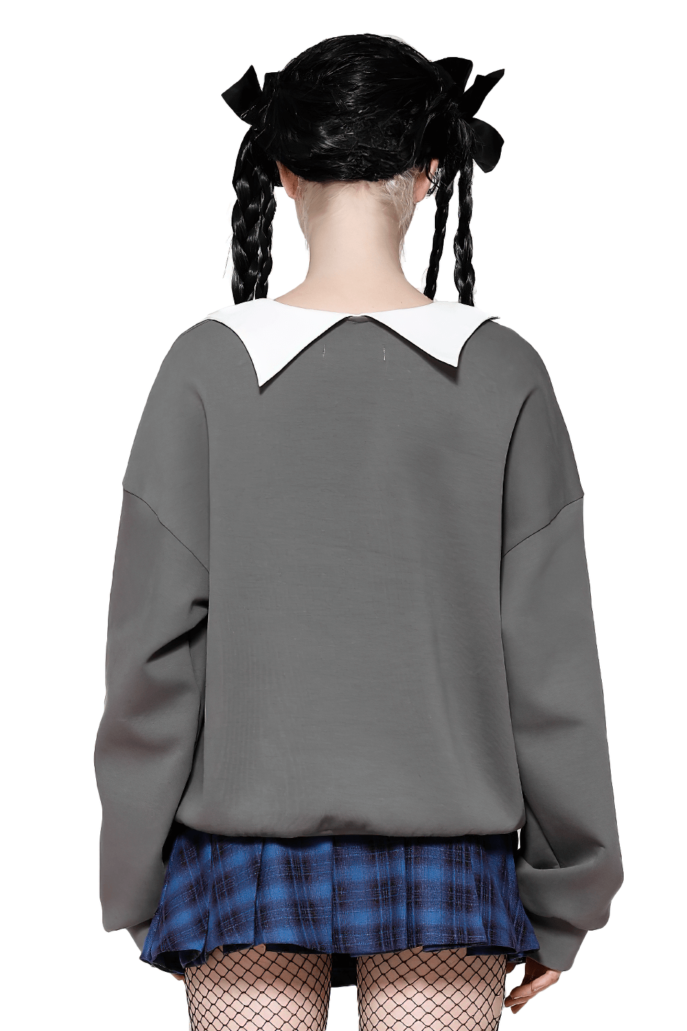 Back view of gothic collar bow sweatshirt featuring white scalloped collar and relaxed fit, paired with a plaid skirt.