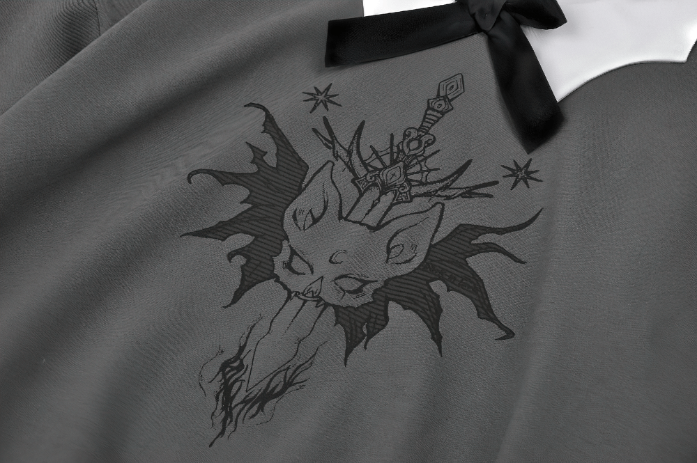 Dark aesthetic sweatshirt with unique cat graphic, black velvet bow, and white scalloped collar detail.