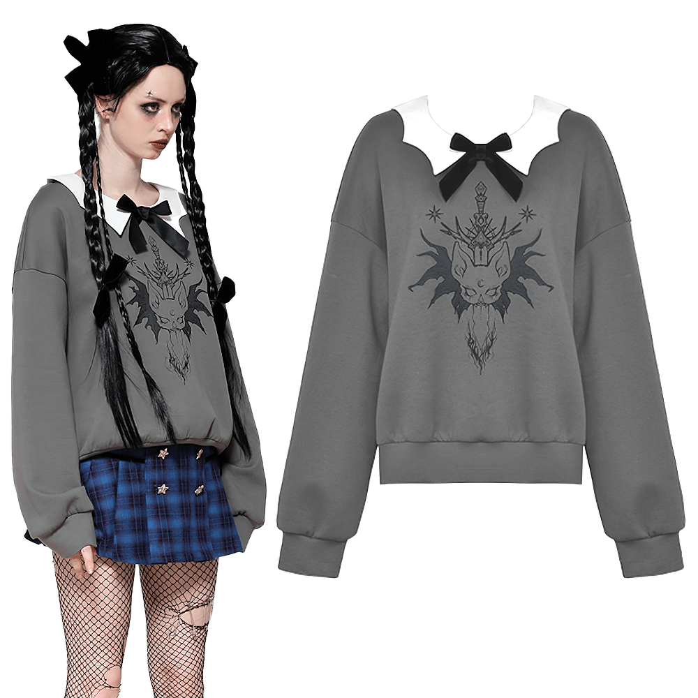 Gothic collar bow sweatshirt with unique cat design, featuring long sleeves, relaxed fit, and playful dark aesthetic.