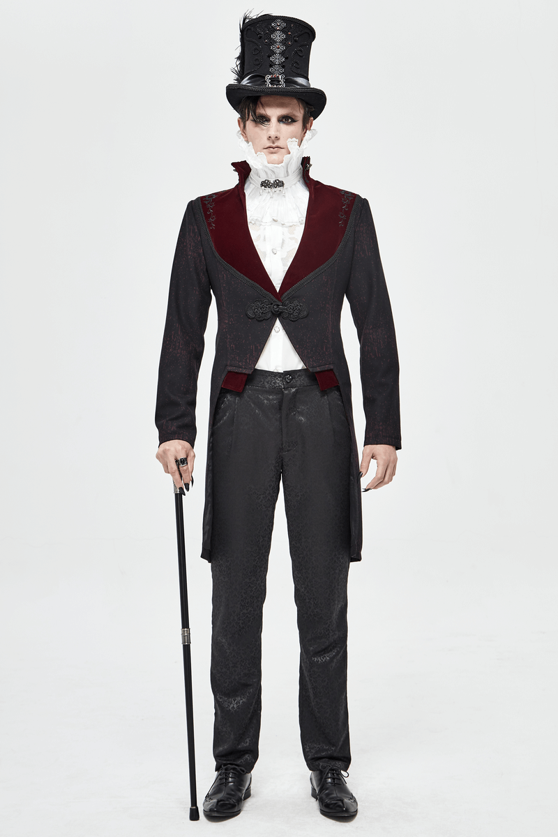 Men's vintage gothic coat with red accents and top hat, perfect for adding drama to your gothic wardrobe.