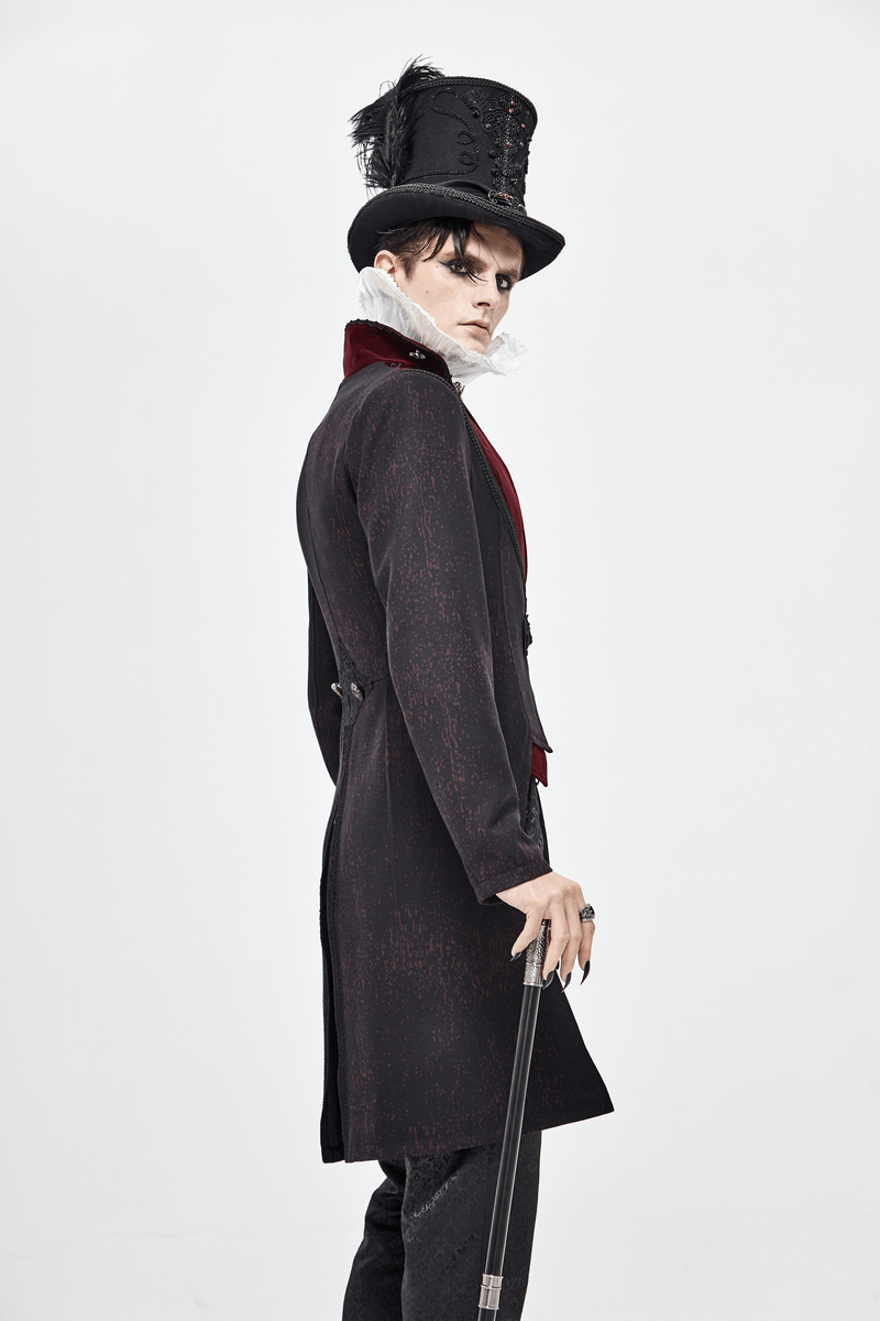 Stylish model wearing a vintage gothic black coat and top hat, showcasing a retro-cut design and elegant details.