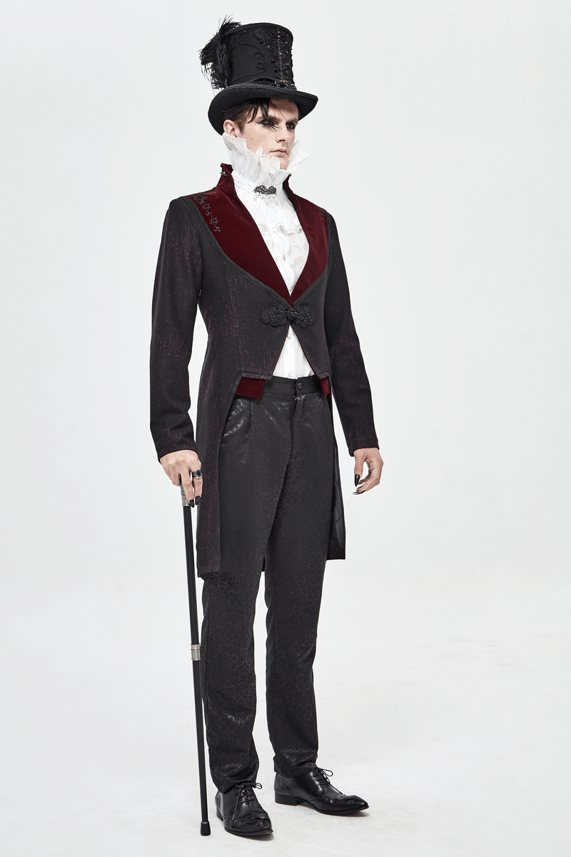 Stylish man wearing a gothic black coat with red accents and top hat, showcasing vintage elegance and flair.