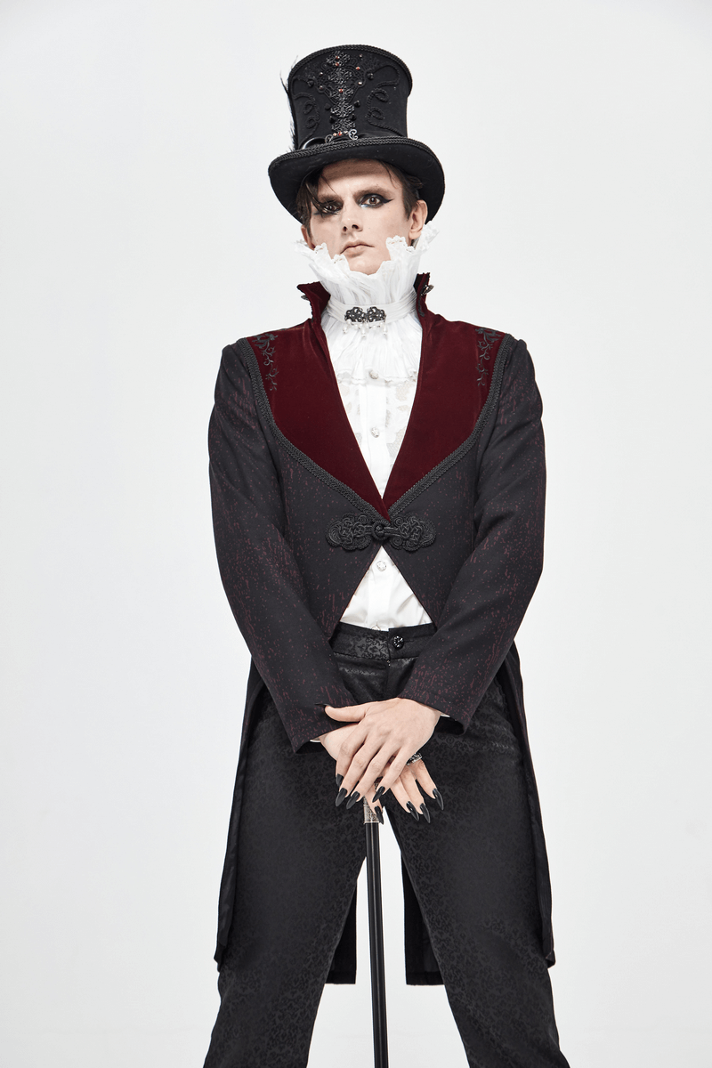 Stylish model wearing a gothic men's swallow-tailed coat with a top hat, showcasing vintage elegance in black.