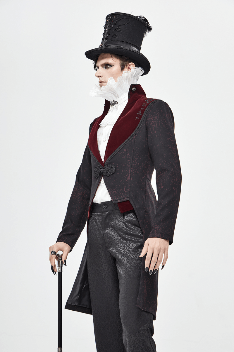 Gothic vintage black coat with red accents and a stylish top hat, perfect for a dramatic gothic look.