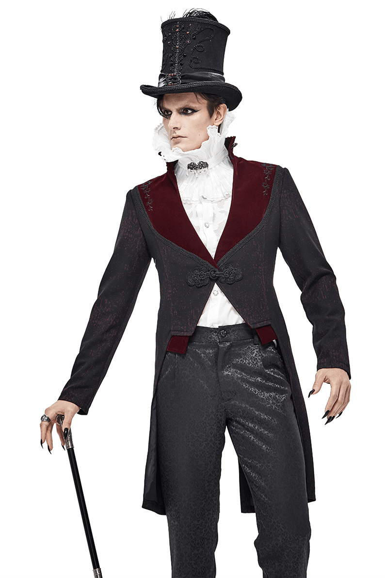 Stylish vintage gothic men's coat featuring a swallow-tailed design, worn with a top hat and cane.