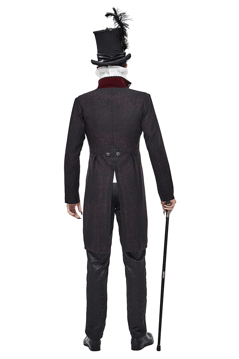 Rear view of a stylish vintage gothic man's coat with a top hat, perfect for a gothic wardrobe.