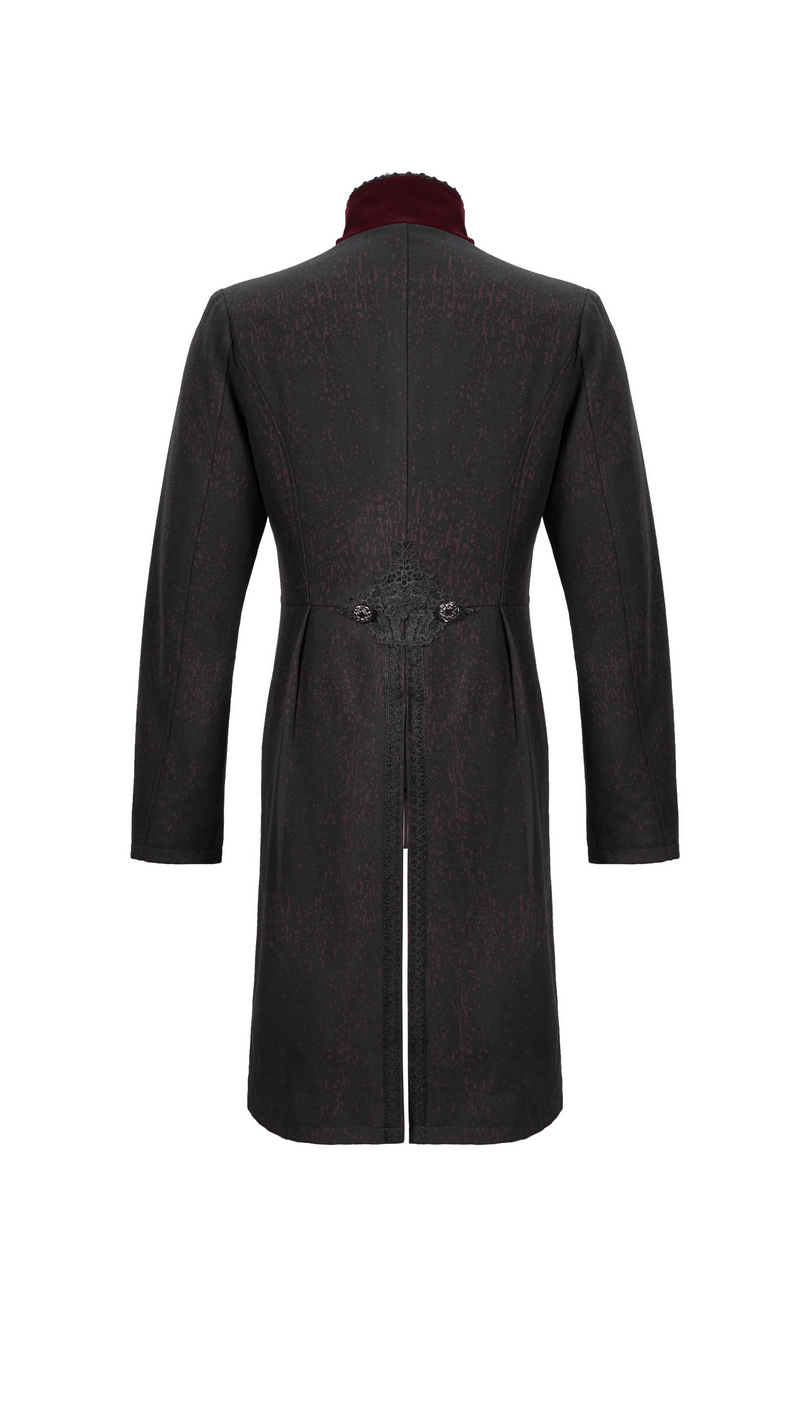 Back view of a men's black vintage gothic coat with a stylish stand collar and swallow-tail design.