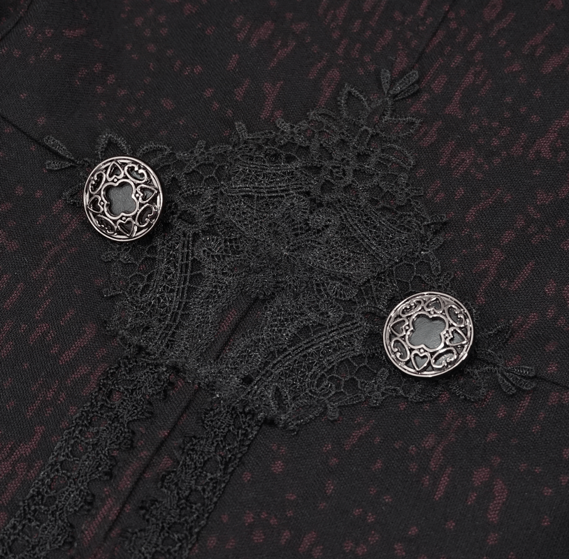 Close-up of gothic coat details featuring intricate lace and ornate buttons in black and burgundy fabric.