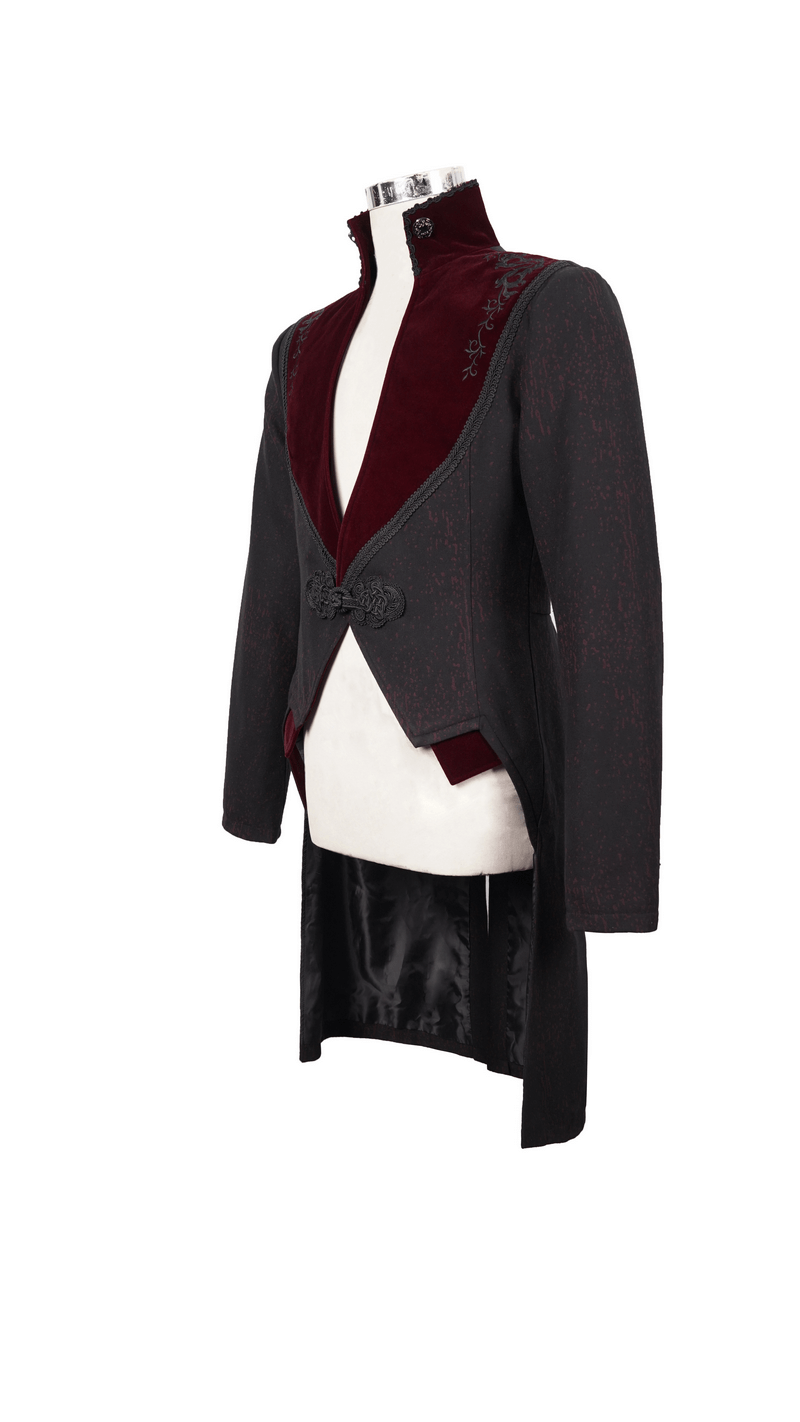 Gothic contrast color jacquard swallow-tailed coat for men with sleek black and burgundy design.