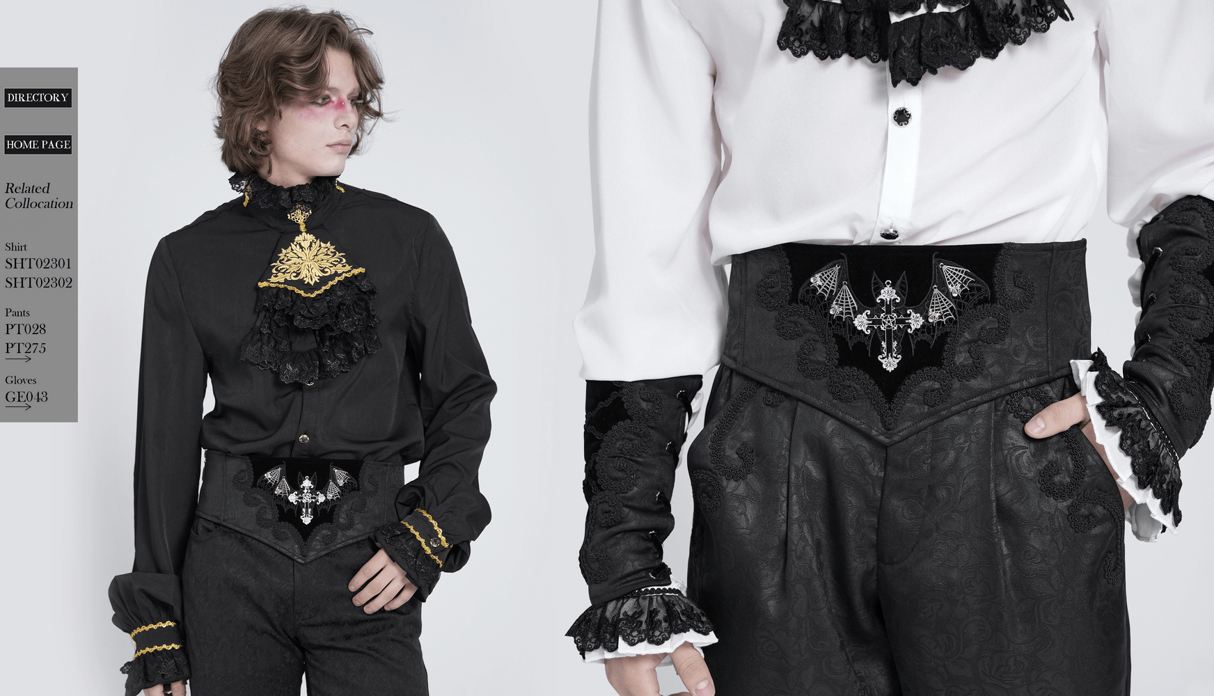 Gothic corset belt featuring bat wings and cross embroidery, paired with stylish Victorian-inspired attire.