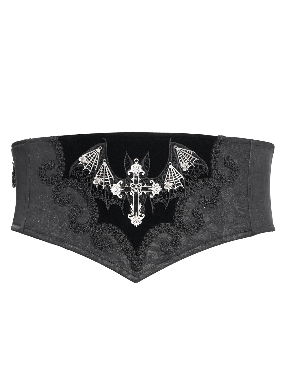 Gothic corset belt with embroidered bat wings and cross on black velvet, featuring lace-up back design.