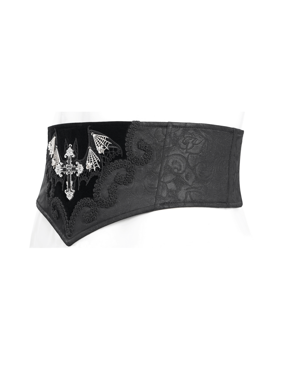 Gothic corset belt featuring bat wings and cross embroidery, perfect for alternative and Victorian-inspired styles.