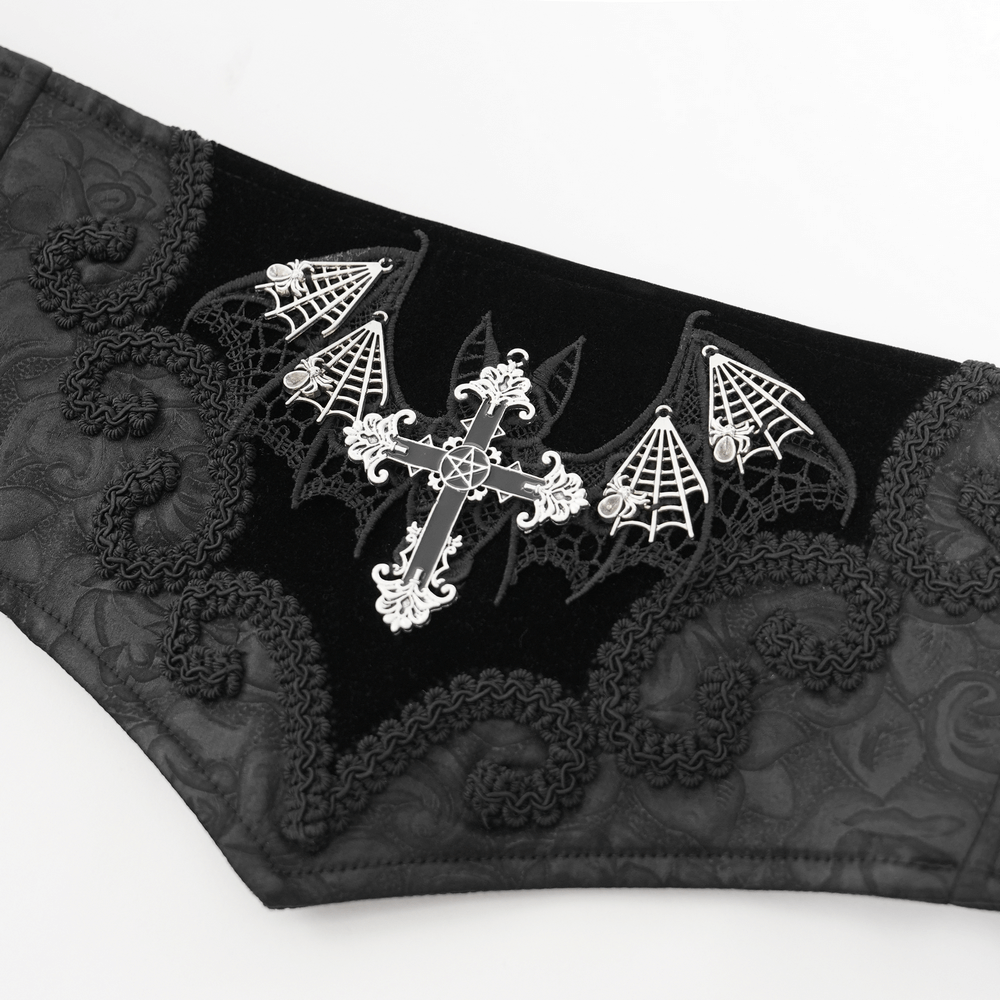 Gothic corset belt featuring bat wings and cross embroidery on rich black velvet fabric.