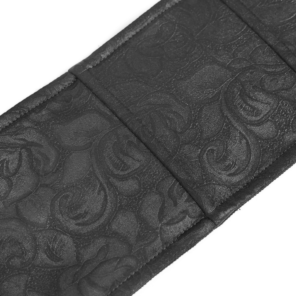 Close-up of gothic corset belt with intricate jacquard fabric design, perfect for alternative and Victorian styles.