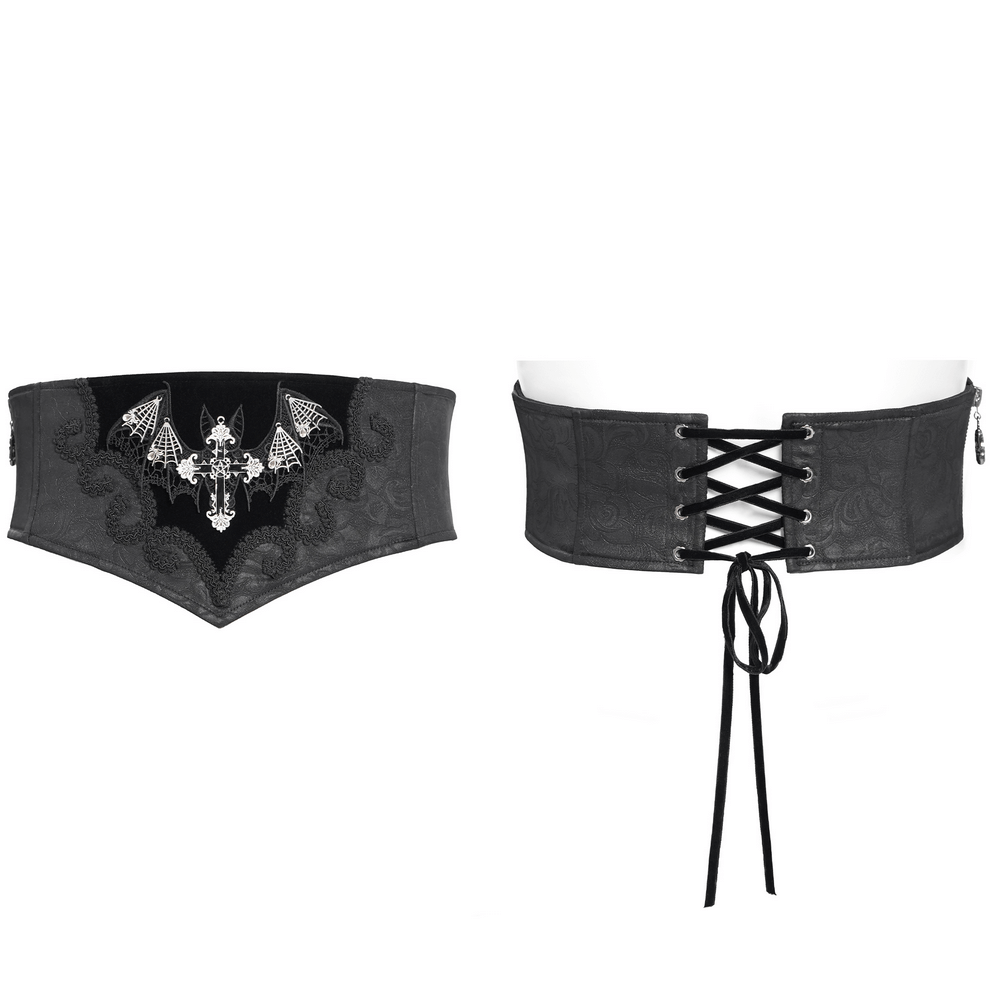 Gothic corset belt with bat wings and cross embroidery, featuring lace-up back design in black velvet.