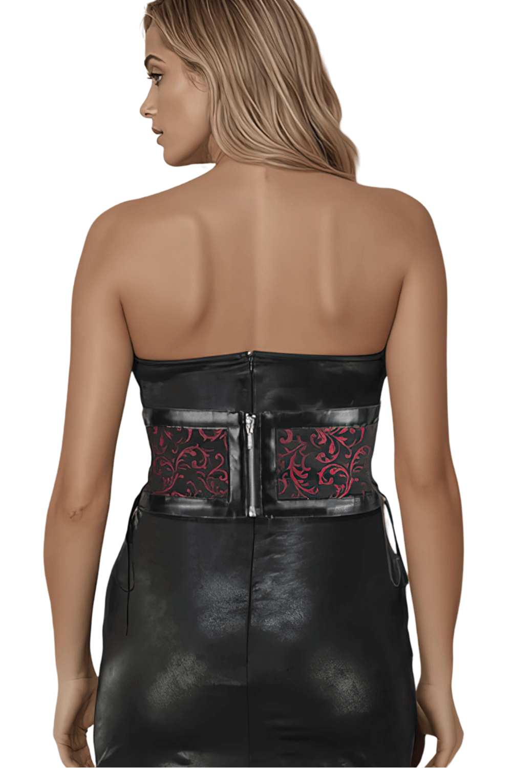 Back view of a woman in a gothic corset belt with maroon brocade and zipper closure, enhancing her stylish look.