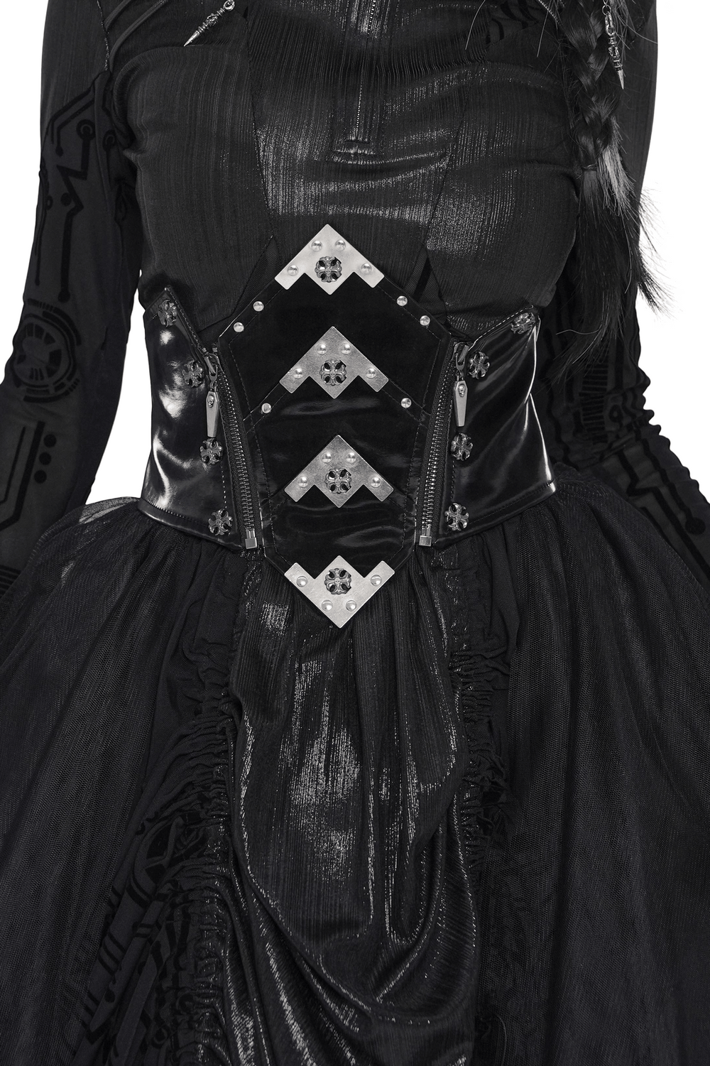 Gothic Corset Belt with Metal Cross Stud Details Trim featuring a patent leather waist cincher with metallic accents.