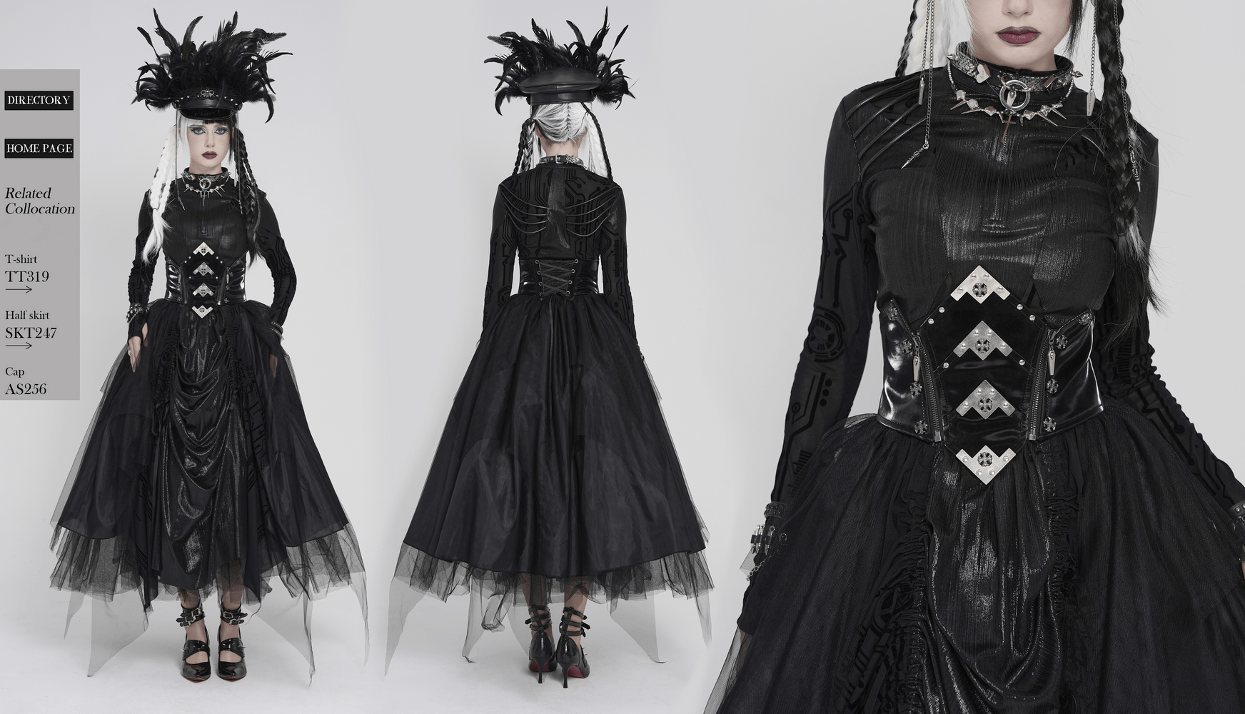 Gothic Corset Belt with Metal Cross Stud Details Trim worn with a dramatic black dress and stylish accessories.