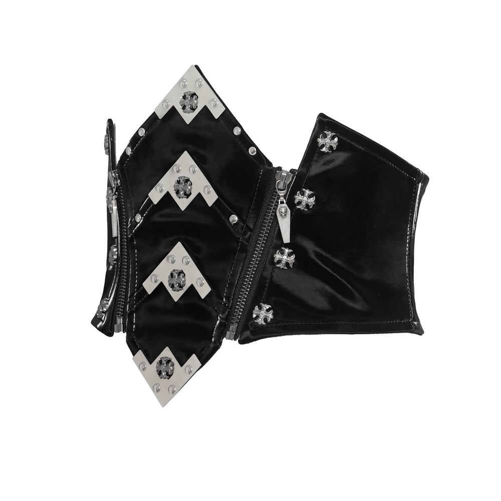 Gothic Corset Belt with Metal Cross Stud Details Trim featuring glossy patent texture and silver-tone accents.